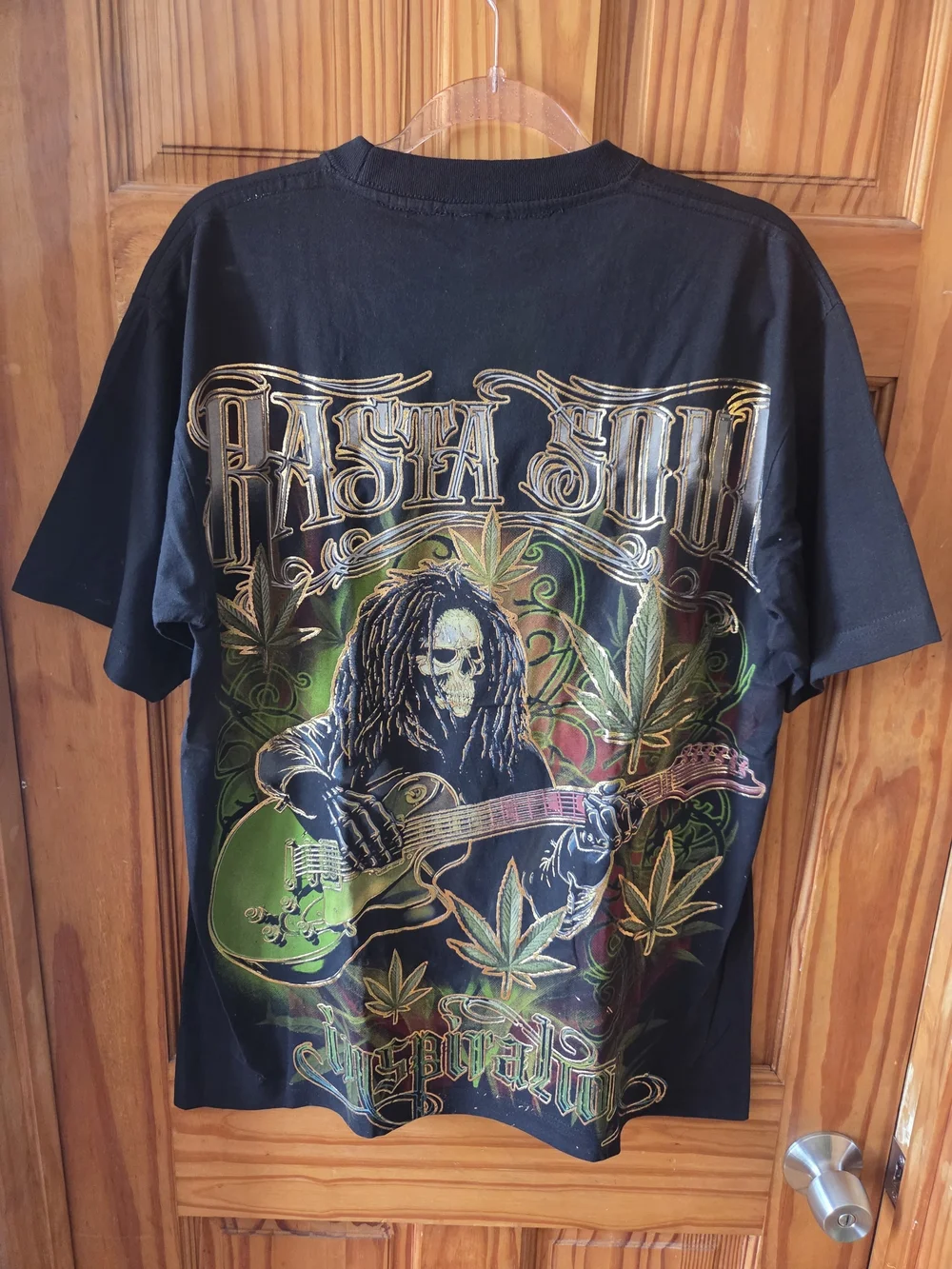 Black Graphic T-Shirt with Green Guitar Skull Design